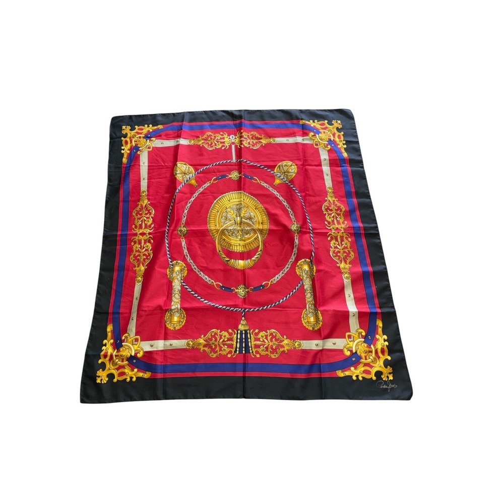 Cornelia James Silk Scarf Red Gold Equestrian Baroque Door Knocker Print 34x34